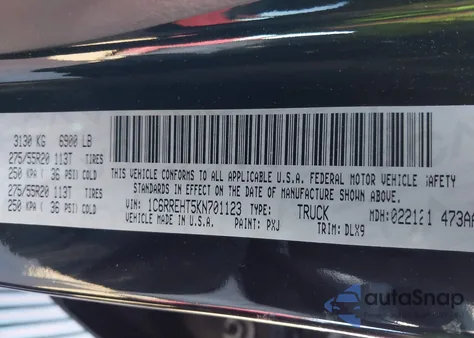 2019 Ram 1500 Limited 4X2 5'7 Box z USA, uszkodzony, nr VIN 1C6RREHT5KN701123